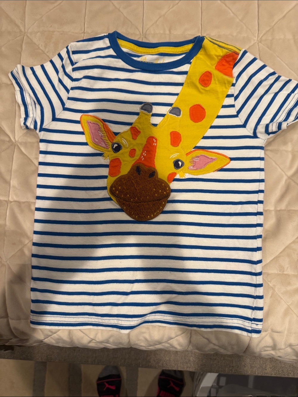 Mini Boden Blue & White Striped Tee with Yellow Giraffe Applique